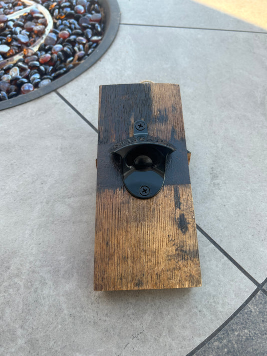 Bourbon barrel wall mount bottle opener