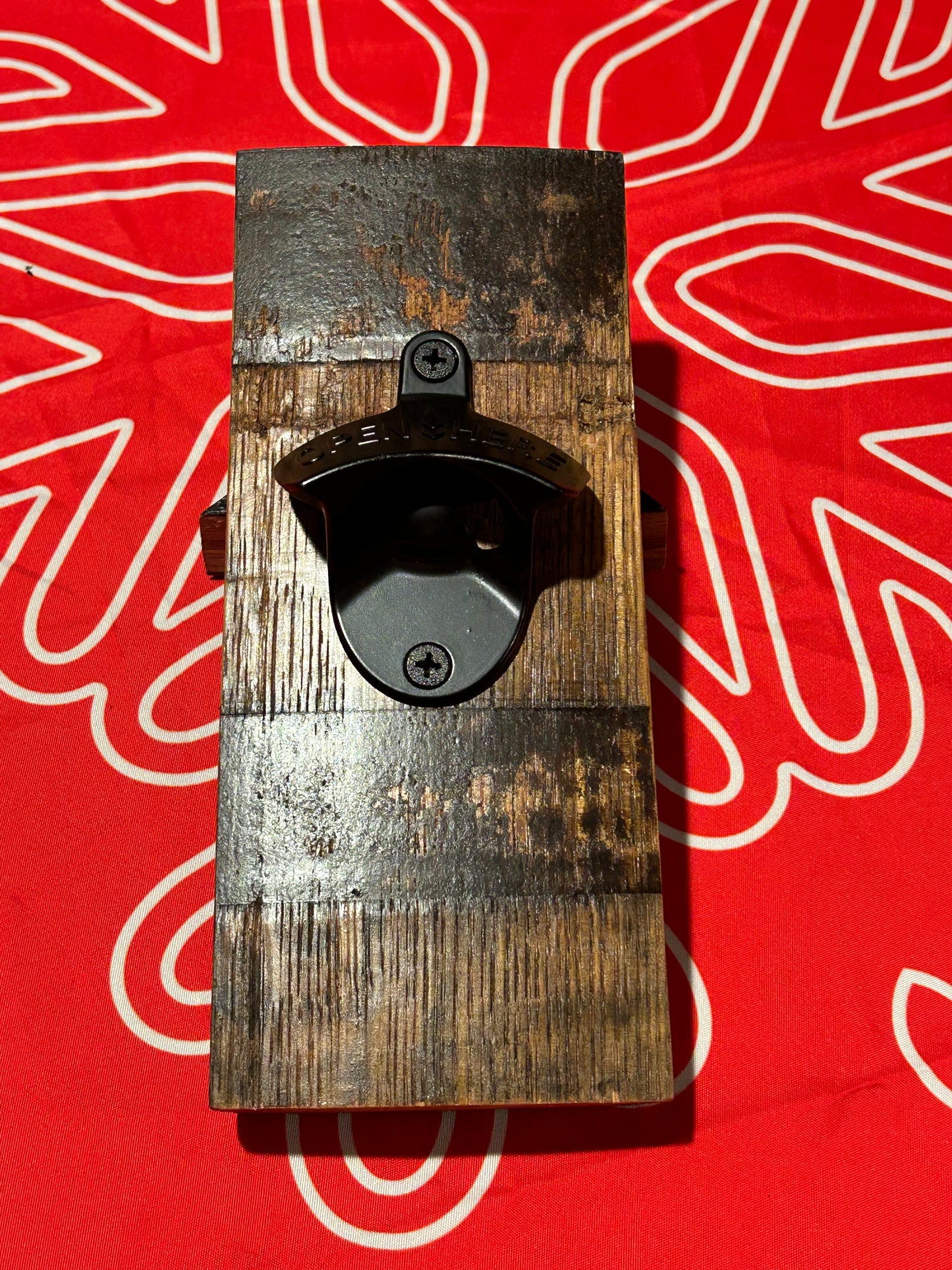 Bourbon barrel wall mount bottle opener